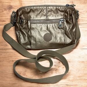 Kipling Gold Crossbody Bag with Adjustable Strap and Textured Finish